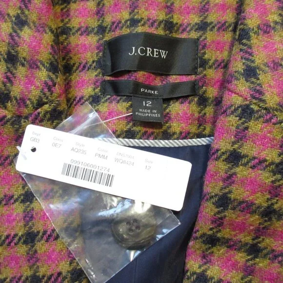 NWT J.Crew Parke Blazer in Pink Mustard Houndstooth English Moon Wool Jacket 12
